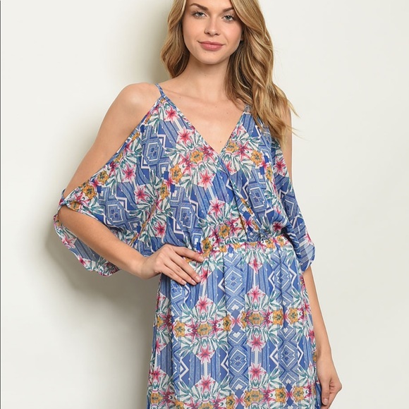 —SALE— Blue Floral Cold Shoulder Midi Tunic Dress Sizes Small & Large - Picture 5 of 7